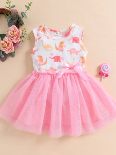 Girls Dress Dinosaur Printed Mesh Bow