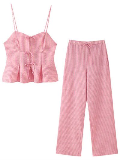 Bow Striped Top Wide Leg Pants