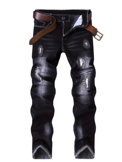 Mens Stretch Denim Jeans With Ripped Details And Embroidery