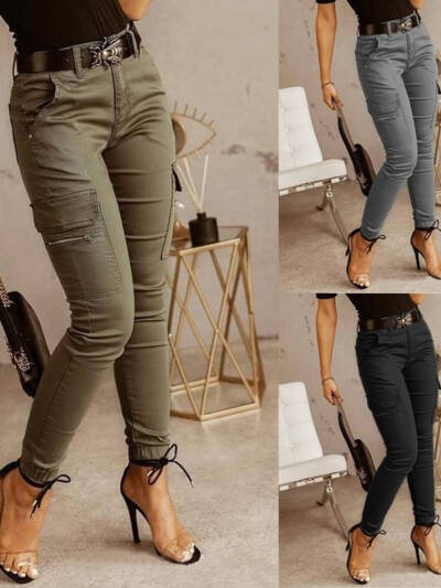 Ankle-length Low-rise Solid-color Cargo Pants With Pockets These Are Slim-fit Leggings