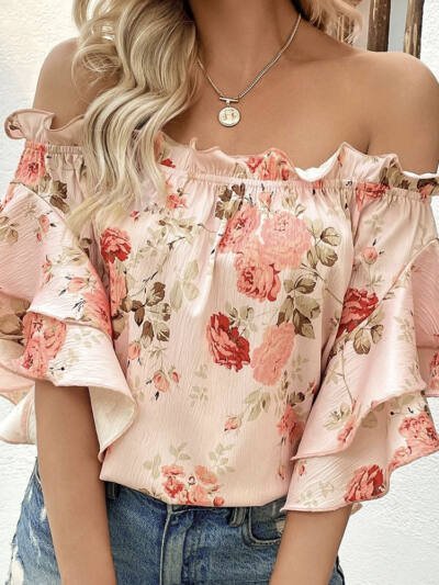 Womens Pullover Off Shoulder Printed Top Shirt