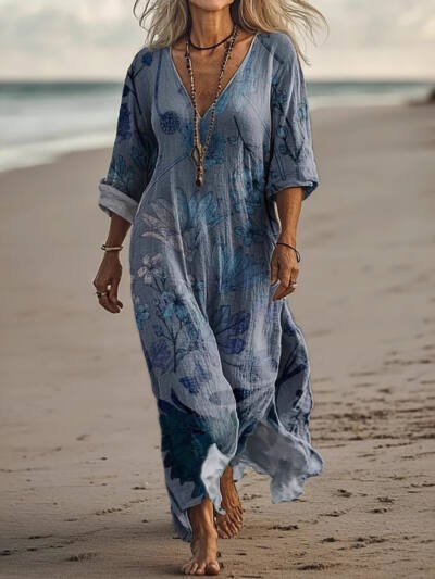 Womens Floral V-Neck Short-Sleeve Dress