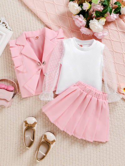 Polka Dot Mesh Sleeve Top Pleated Skirt Sweet Temperament