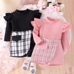 Trendy Style Girls' Skirt Set Solid Color Striped Long Sleeve Classic Style Culottes Two-piece Set