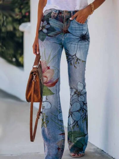 Classic Flared Floral Print Jeans