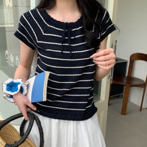 Womens Solid-Color Hollowed-Out Lace-Up Decorated Square-Neck Striped Short-Sleeve Top