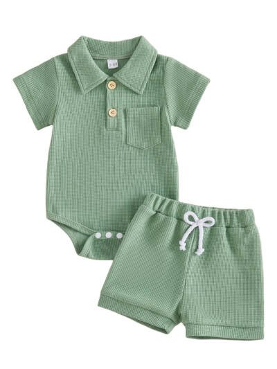 Boys Waffle-Textured Lapel Romper And Shorts Set