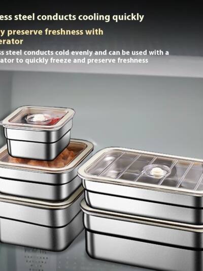 Stainless Steel Square Storage Box Refrigerator Quick-frozen Storage Box Lunch Box Bento Box Sealed Vacuum Crisper