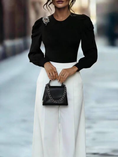 Puff-sleeve Knitted Top A Slim-fit Long-sleeved French-style Workwear Base Layer