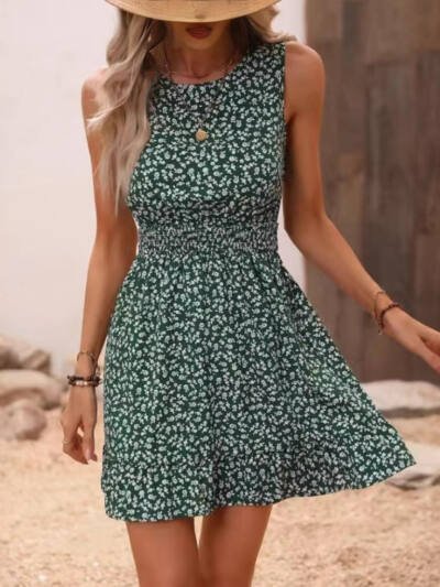 Womens Sleeveless Floral Wrap Dress With A Defined Waist And Round Neck