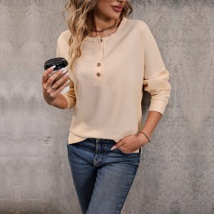 New Womens Long-sleeve Solid-color Waffle-knit Top