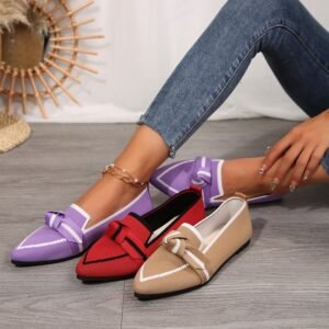 Knitted Mesh Bow-Tie Pointed-Toe Flat Womens Shoes