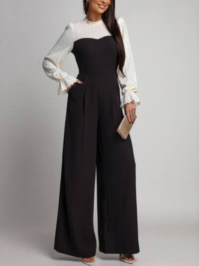 Black-and-white Patchwork Lace Long-sleeve Wide-leg Pants