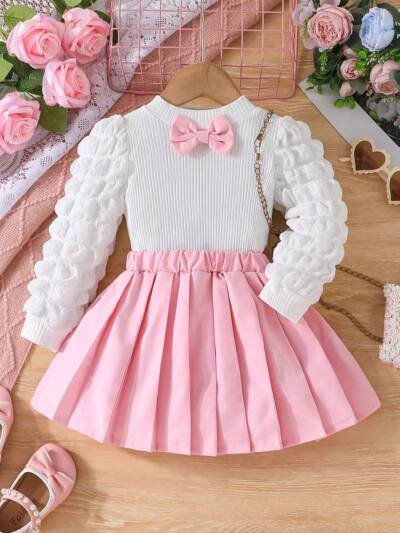 Two Piece Set Of Girls' Bubble Sleeve Skirt