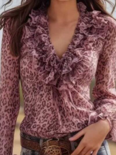 Leopard-print Chiffon V-neck Long-sleeve Shirt With Ruffled Lace Trim