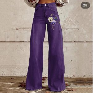 Women's Vintage Purple Floral Print Casual Wide Leg Jeans