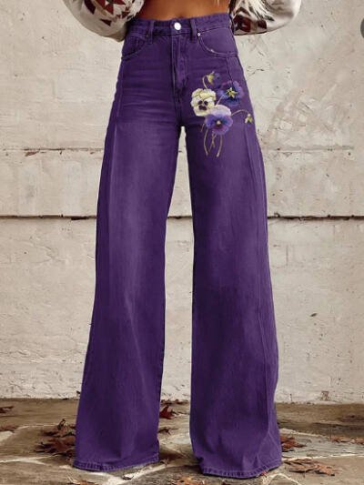 Women's Vintage Purple Floral Print Casual Wide Leg Jeans