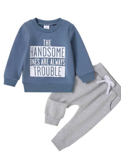 Casual Round Neck Letter Print Sweater Trousers Suit