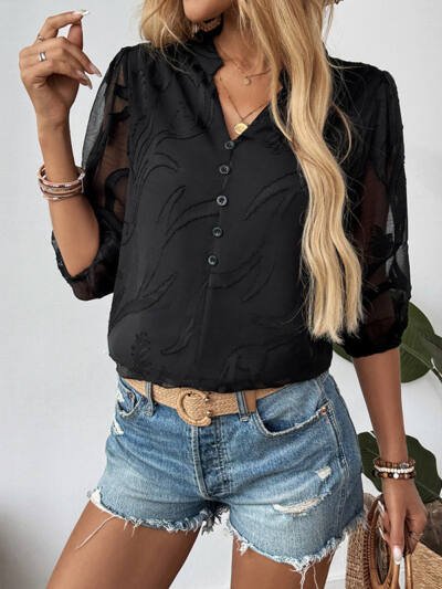 Solid-color Jacquard Pullover Shirt With A Lace-panel Stand-up Collar