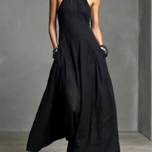 Black Halter Neck Textured Flared Maxi Dress