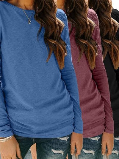 Plus-size Casual Versatile Loose Solid-color Womens Crew-neck Top