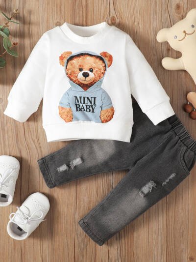 Bear Floral Print Long Sleeve Pullover And Denim Trousers Suit
