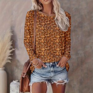Leopard Stripe Print Casual Round Neck Long Sleeves