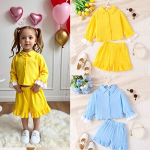 Solid Color Shirt With Ruffled Shorts Two-piece Set