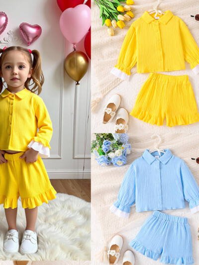 Solid Color Shirt With Ruffled Shorts Two-piece Set
