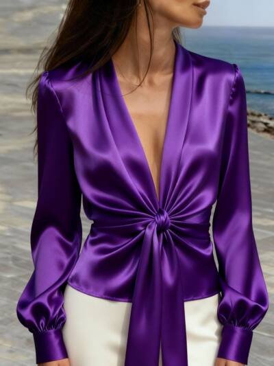 Elegant V-neck Satin Womens Blouse With Long Sleeves And A Tie Detail