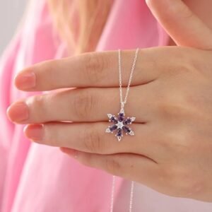 925 Sterling Silver Lotus Camellia Necklace With Amethyst Teardrop Stone