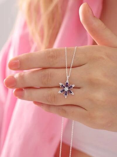 925 Sterling Silver Lotus Camellia Necklace With Amethyst Teardrop Stone