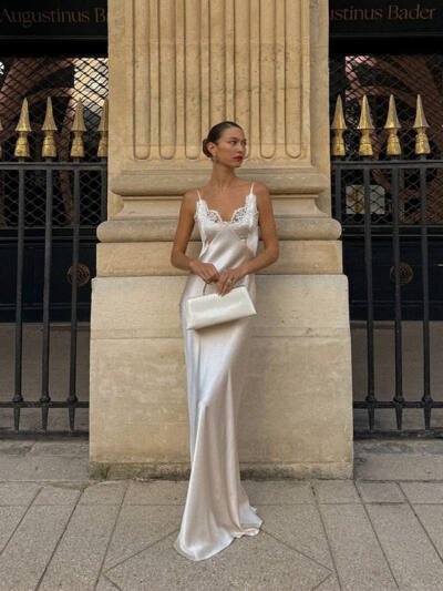 V-neck Lace-panel Long Satin Slip Dress