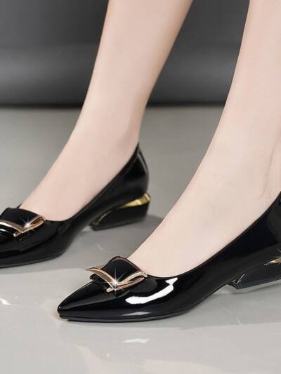 Womens Mid-heel Chunky-heel Soft-soled Low-cut Soft-leather Pumps