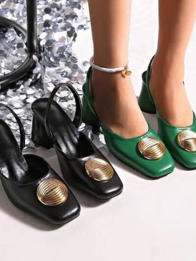 Square-toe Shallow Mouth With Metal Round Buckle Back Strap