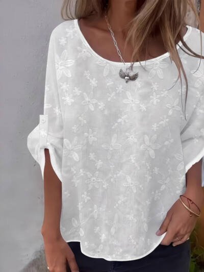 Womens Lace Crew-Neck Loose-Fit Blouse Top
