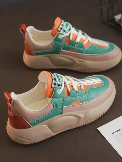 Women's Fashion Thick-soled Leather Stitching Sneakers