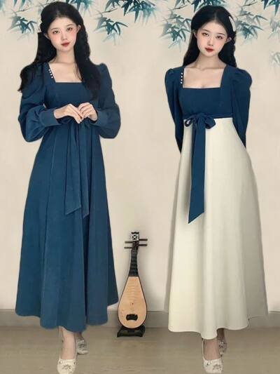 National Style New Chinese Style Spring And Autumn French Retro Elegant Slim Square Collar High Waist Skirt
