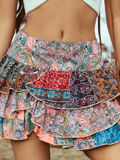 New Stylish Bohemian Party Skirt With A Retro Color-block Design