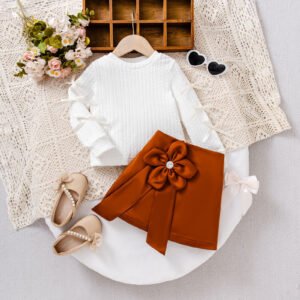 Flower Twist Stripe Long Sleeve Skirt Two-piece Set