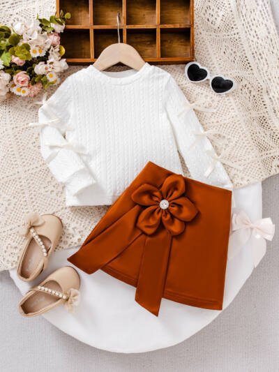 Flower Twist Stripe Long Sleeve Skirt Two-piece Set