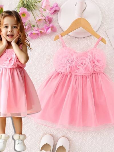Floral Mesh Straps Girls Princess Dress