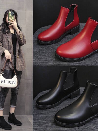 New Springautumn Red Dr Martens-style Boots With A Round Toe And Chunky Heel