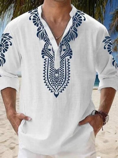 Stand Collar Long Sleeve Beach Casual Shirt Men