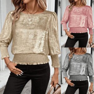 Round-neck Gold-stamped Elasticized Mid-sleeve Pullover Shirt
