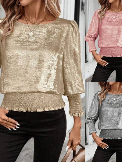 Round-neck Gold-stamped Elasticized Mid-sleeve Pullover Shirt