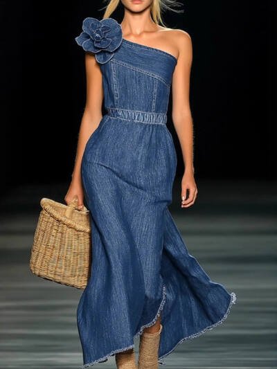 Elegant Strapless Denim 3D Floral Maxi Dress