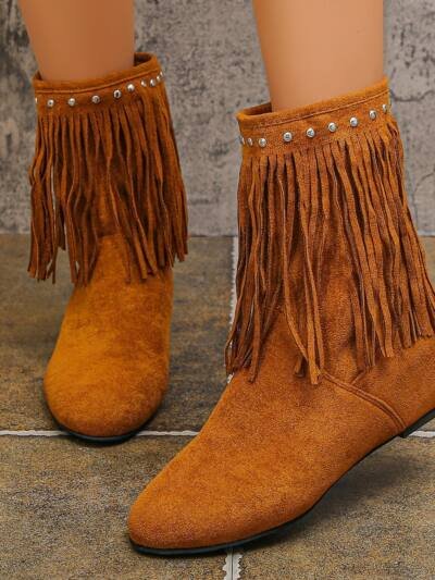 Plus Size Studded Suede Tassel Boots For Women