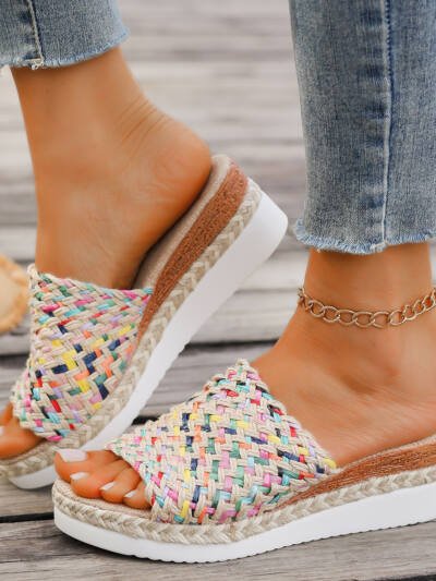 Women's Thick-soled Fish Mouth Color Slippers With Hemp Rope