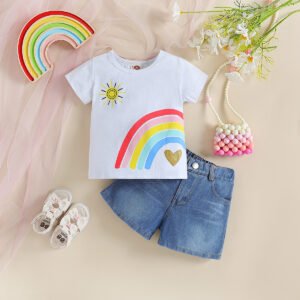 Fashion Rainbow Printed Short-sleeved Top Denim Shorts Girls Suit